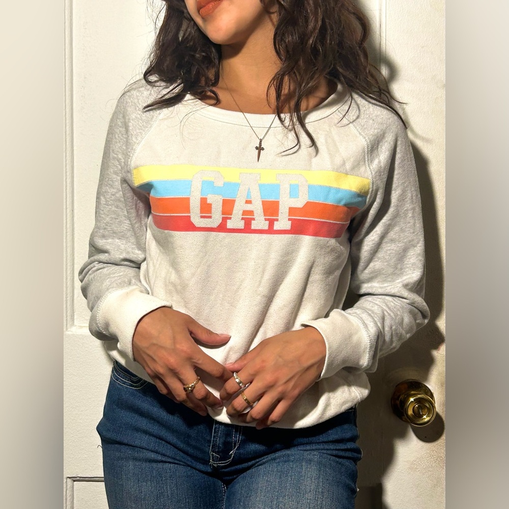 GAP Women's Light Gray Sweatshirt with Colorful Stripes
